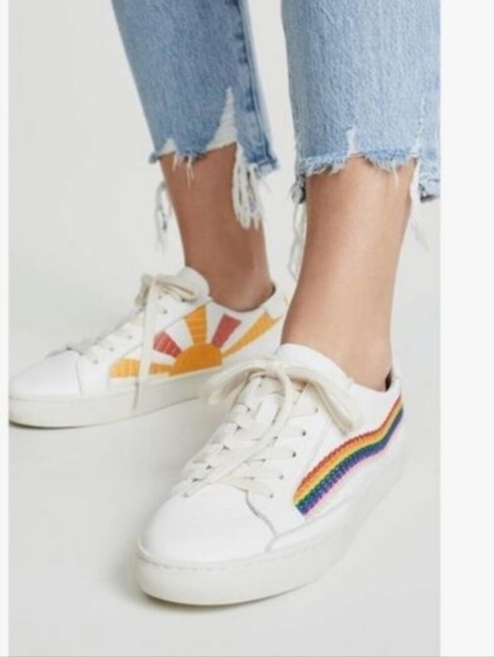 Soludos White Leather Sneakers with Embroidered Rainbow Stripe & Yellow Sun